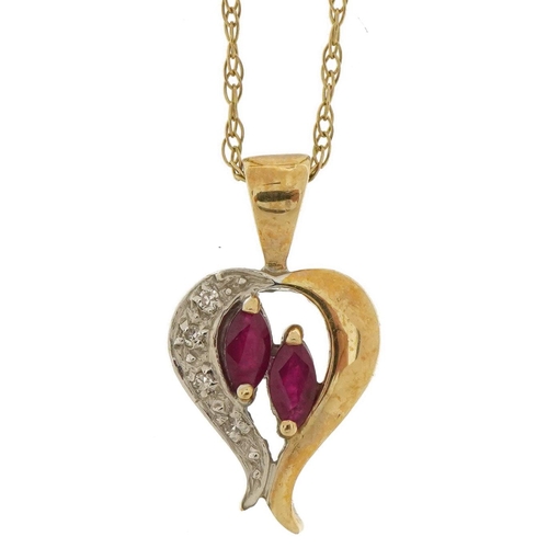 2185 - 9ct gold ruby and diamond pendant on a 9ct gold necklace, 2cm high and 46cm in length, 2.4g