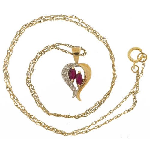 2185 - 9ct gold ruby and diamond pendant on a 9ct gold necklace, 2cm high and 46cm in length, 2.4g