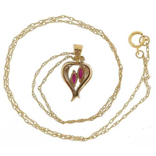 2185 - 9ct gold ruby and diamond pendant on a 9ct gold necklace, 2cm high and 46cm in length, 2.4g