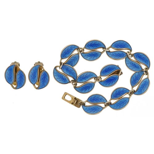 2002 - David Andersen, Norwegian 925S silver gilt and blue enamel leaf bracelet and matching earrings, the ... 