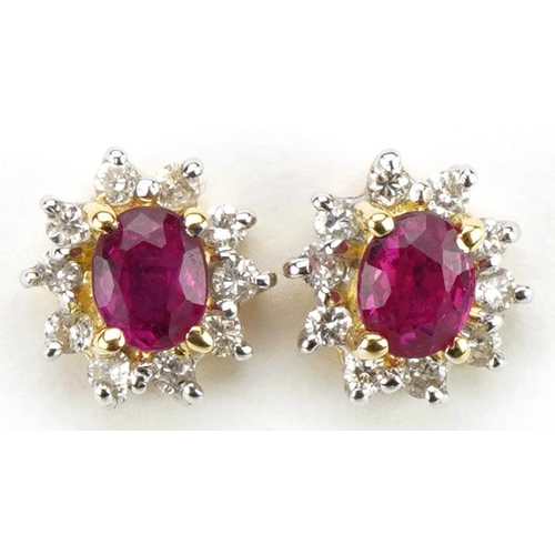 2132 - Pair of unmarked gold ruby and diamond stud earrings, tests as 18ct gold, 7mm in diameter, 1.8g