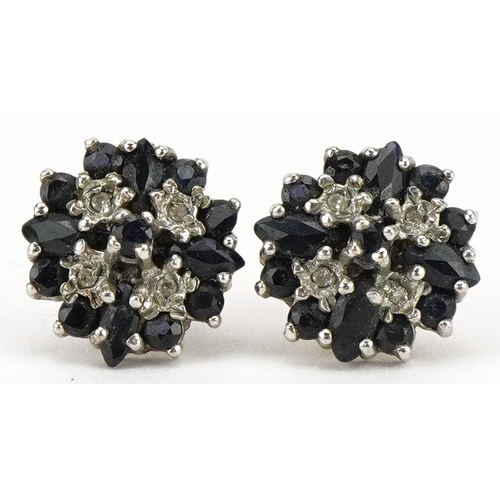 2080 - Pair of 9ct gold diamond and sapphire cluster stud earrings, 1.1cm in diameter, 2.4g