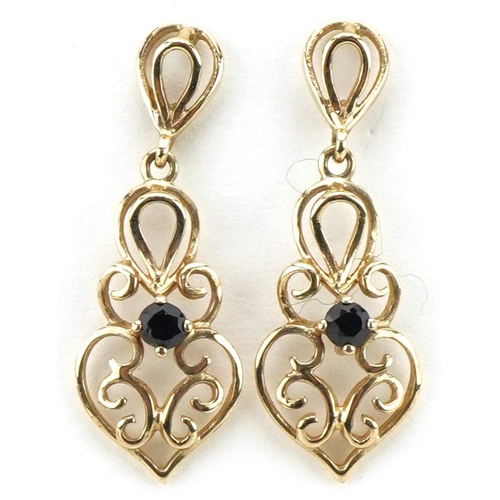 2136 - Pair of 9ct gold sapphire openwork drop earrings, 2.5cm high, 1.8g