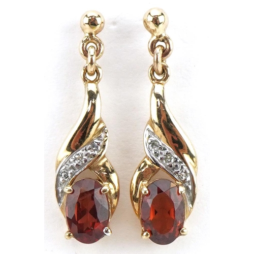 2085 - Pair of 9ct gold garnet and diamond drop earrings, 2.2cm high, 1.5g