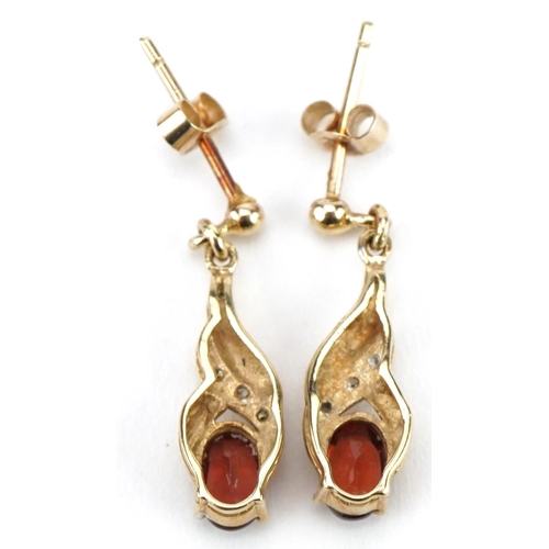 2085 - Pair of 9ct gold garnet and diamond drop earrings, 2.2cm high, 1.5g