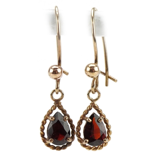 2178 - Pair of 9ct gold garnet teardrop earrings, 2.5cm high, 1.0g