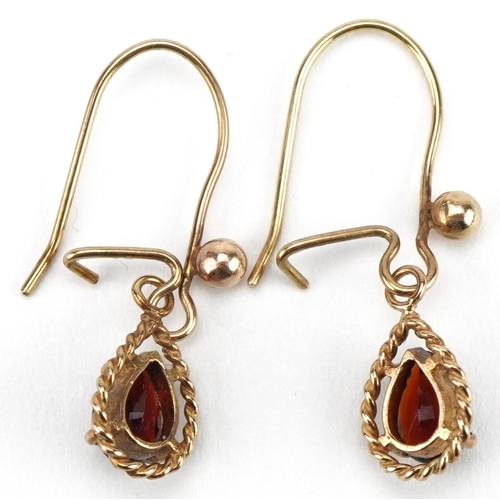 2178 - Pair of 9ct gold garnet teardrop earrings, 2.5cm high, 1.0g