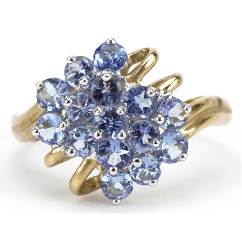 2182 - 9ct gold tanzanite cluster ring, size T, 3.2g