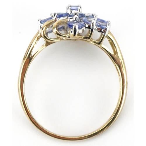 2182 - 9ct gold tanzanite cluster ring, size T, 3.2g