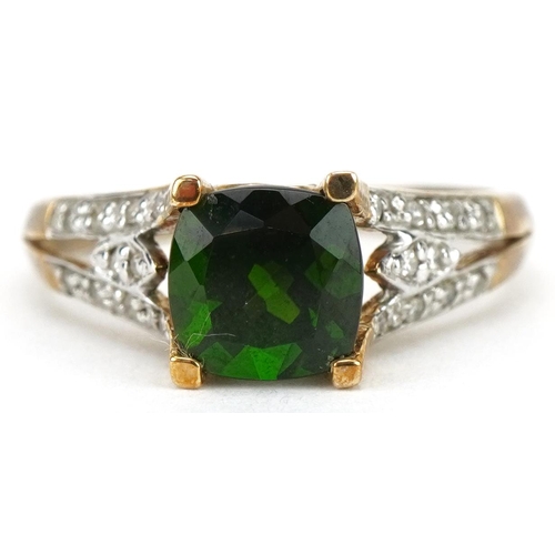 2142 - 9ct gold green amethyst ring with diamond set shoulders, size N, 2.6g