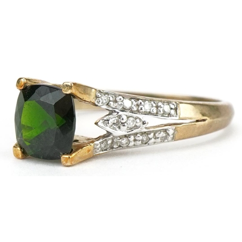 2142 - 9ct gold green amethyst ring with diamond set shoulders, size N, 2.6g