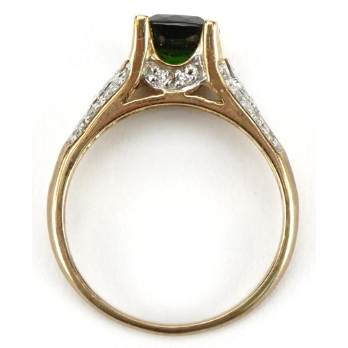 2142 - 9ct gold green amethyst ring with diamond set shoulders, size N, 2.6g