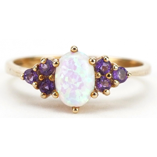 2098 - 9ct gold opal and amethyst ring, size N, 2.2g