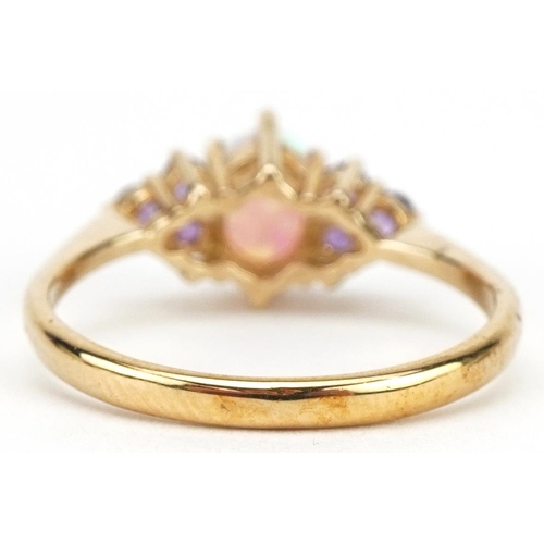 2098 - 9ct gold opal and amethyst ring, size N, 2.2g