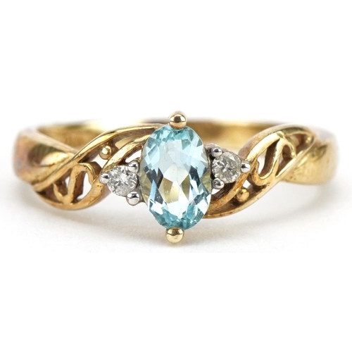 2179 - 9ct gold blue topaz and diamond ring with pierced shoulders, size O, 2.3g