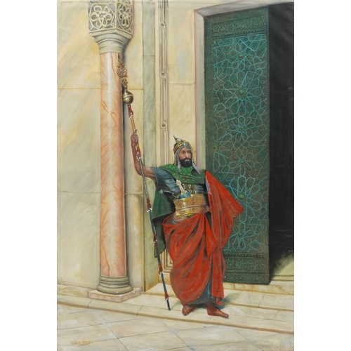 3294 - Thaer ' 93 - Full length portrait of a warrior wearing traditional dress, Orientalist oil on canvas,... 