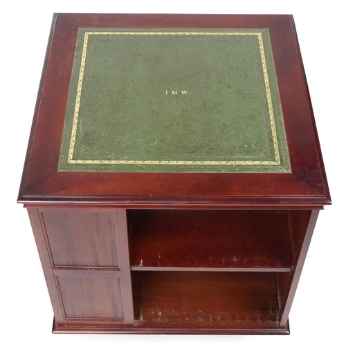 1113 - Mahogany revolving bookcase with tooled green leather top, 72cm H, 64cm W x 64cm D