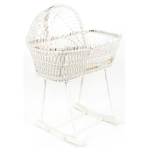 1156 - Victorian style crib on white painted rocking stand, 121cm H x 58cm W x 87.5cm D