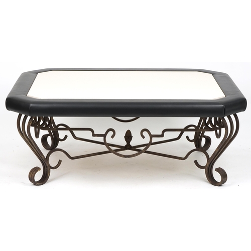 1145 - Contemporary rectangular iron and leatherette coffee table with canted corners and inset marble top,... 