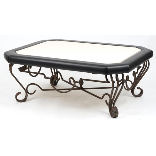 1145 - Contemporary rectangular iron and leatherette coffee table with canted corners and inset marble top,... 