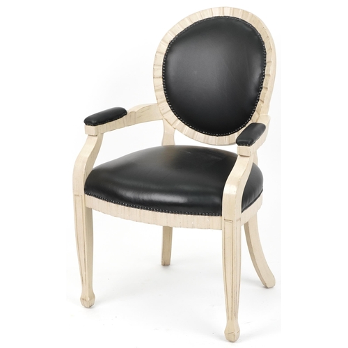 1055 - French Empire style cream bedroom chair with black vinyl upholstered back, seat and elbow pads, 98.5... 