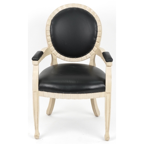 1055 - French Empire style cream bedroom chair with black vinyl upholstered back, seat and elbow pads, 98.5... 