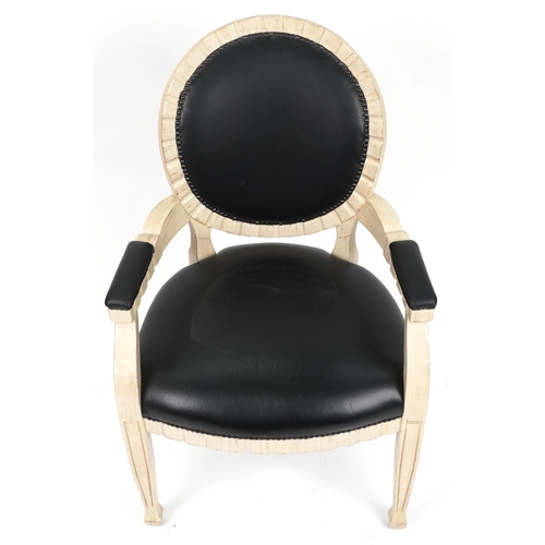 1055 - French Empire style cream bedroom chair with black vinyl upholstered back, seat and elbow pads, 98.5... 