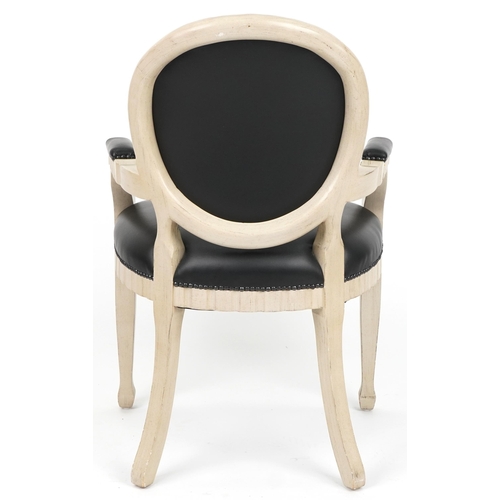 1055 - French Empire style cream bedroom chair with black vinyl upholstered back, seat and elbow pads, 98.5... 