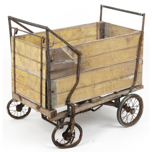 1092 - Antique pine mining cart with iron fittings, 86cm x 90cm W x 70cm D