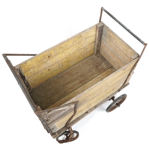 1092 - Antique pine mining cart with iron fittings, 86cm x 90cm W x 70cm D