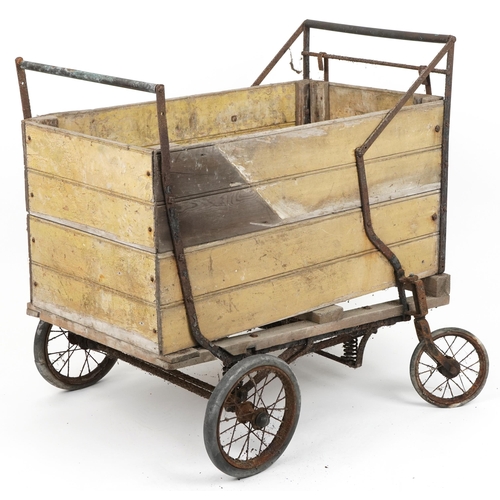 1092 - Antique pine mining cart with iron fittings, 86cm x 90cm W x 70cm D