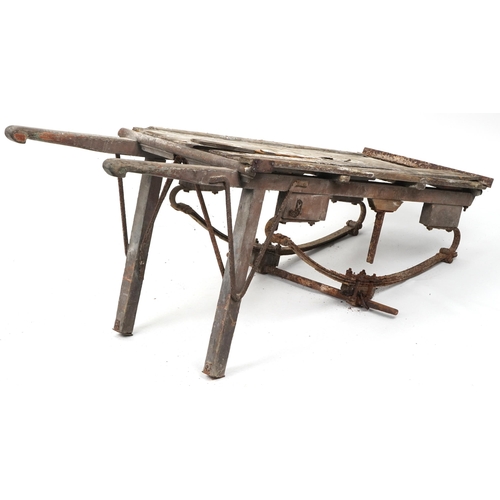 1115 - Large antique agricultural interest wooden cart with iron mounts, 176cm in length