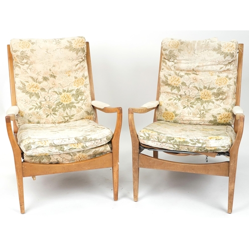 1139 - Pair of mid century Cintique armchairs with floral upholstered lift off back and seats, 83.5cm high