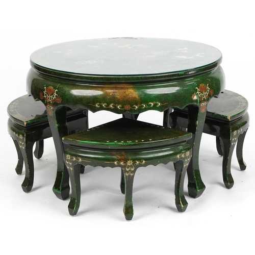 1030 - Nest of five Chinese green lacquered coffee and occasional tables hand painted with birds amongst ch... 