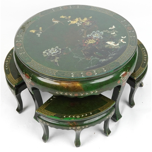 1030 - Nest of five Chinese green lacquered coffee and occasional tables hand painted with birds amongst ch... 