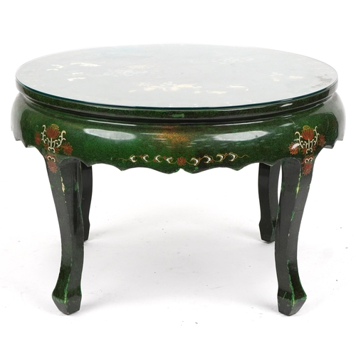 1030 - Nest of five Chinese green lacquered coffee and occasional tables hand painted with birds amongst ch... 