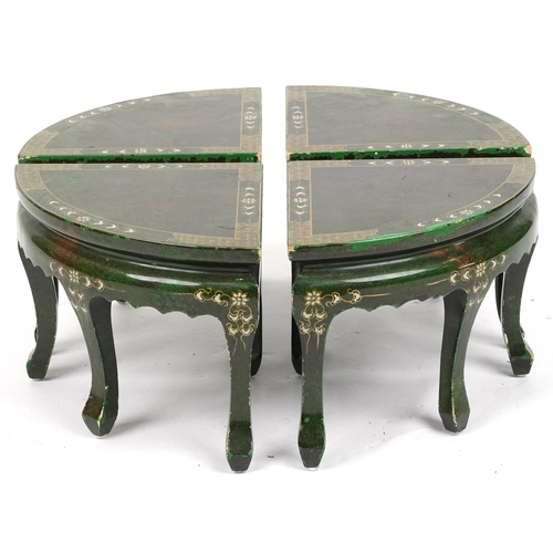 1030 - Nest of five Chinese green lacquered coffee and occasional tables hand painted with birds amongst ch... 