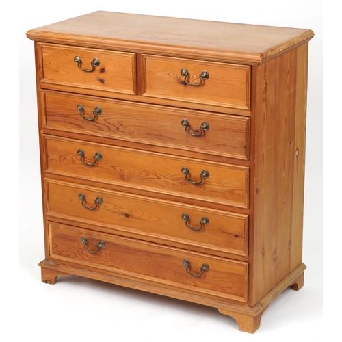 1086 - Victorian style pine six drawer chest with brass handles, 98cm H x 91.5cm W x 46cm D