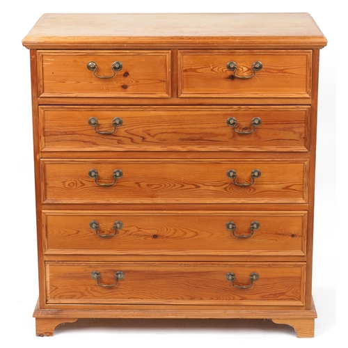 1086 - Victorian style pine six drawer chest with brass handles, 98cm H x 91.5cm W x 46cm D