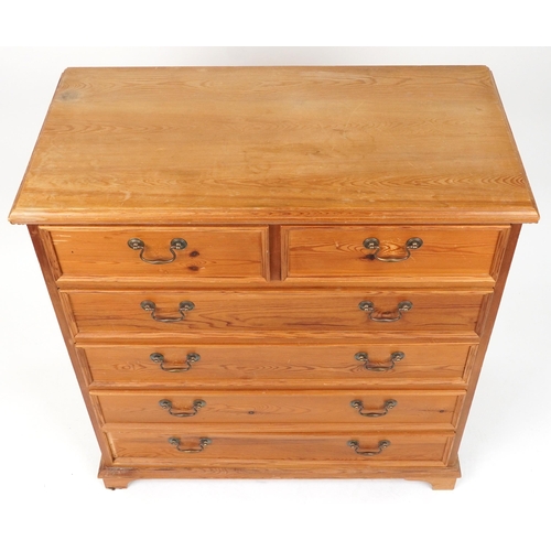 1086 - Victorian style pine six drawer chest with brass handles, 98cm H x 91.5cm W x 46cm D