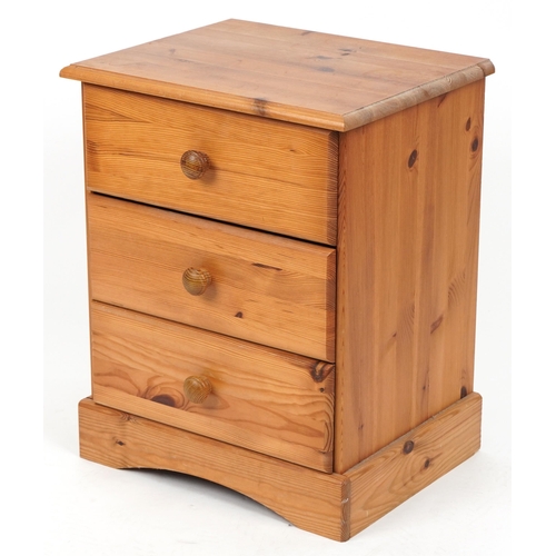 1143 - Pine three drawer night stand, 59.5cm H x 46.5cm W x 38cm D