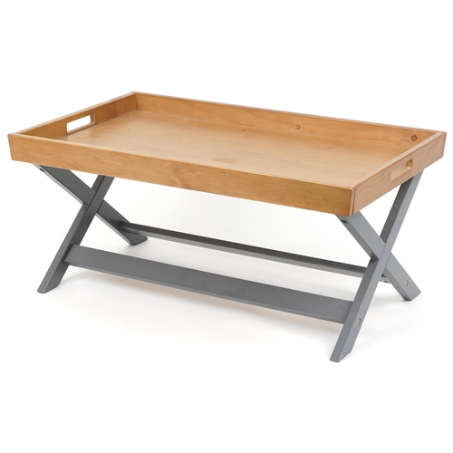 1094 - Industrial style hardwood tray top design coffee table with X frame, 43cm H x 94.5cm W x 55.5cm D