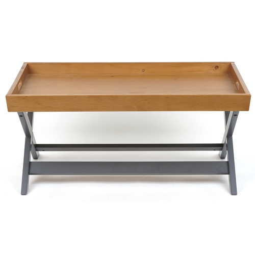 1094 - Industrial style hardwood tray top design coffee table with X frame, 43cm H x 94.5cm W x 55.5cm D