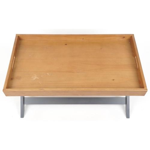 1094 - Industrial style hardwood tray top design coffee table with X frame, 43cm H x 94.5cm W x 55.5cm D