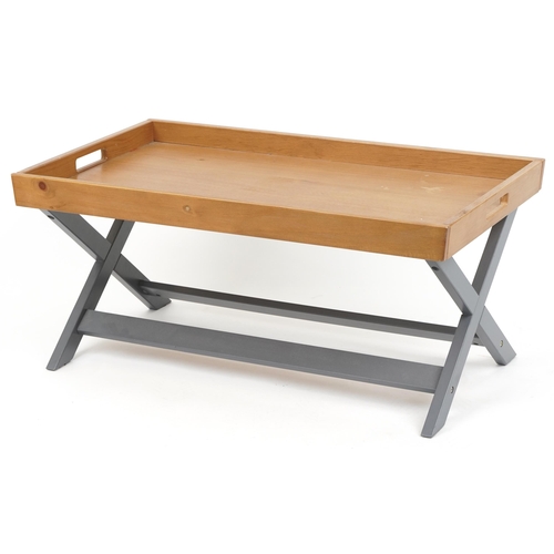 1094 - Industrial style hardwood tray top design coffee table with X frame, 43cm H x 94.5cm W x 55.5cm D