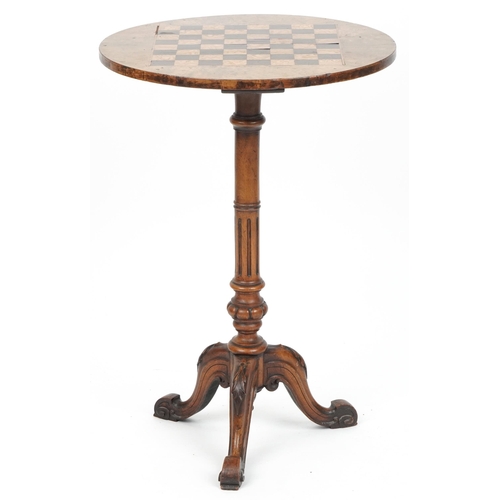 1064 - Victorian burr walnut inlaid tripod chess table, 73cm high x 50cm in diameter