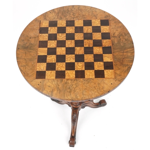 1064 - Victorian burr walnut inlaid tripod chess table, 73cm high x 50cm in diameter