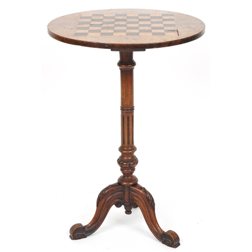 1064 - Victorian burr walnut inlaid tripod chess table, 73cm high x 50cm in diameter