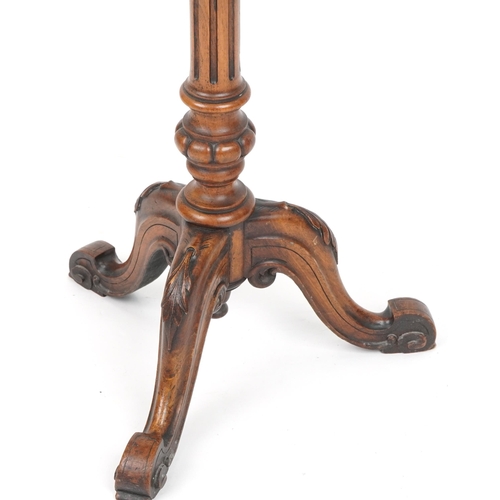 1064 - Victorian burr walnut inlaid tripod chess table, 73cm high x 50cm in diameter