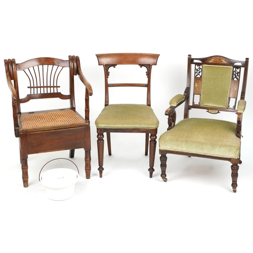 1138 - Three Victorian chairs including inlaid mahogany example with green upholstered seat and elbow pads ... 